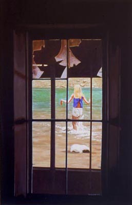 Anneliese wading in the lake at Maroon Dells in Colorado as seen from a vacant house in Pearce AZ